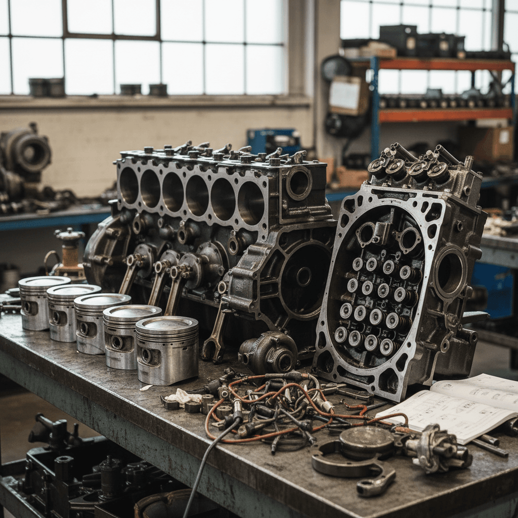 Fully disassembled marine diesel engine with parts laid out on a workbench