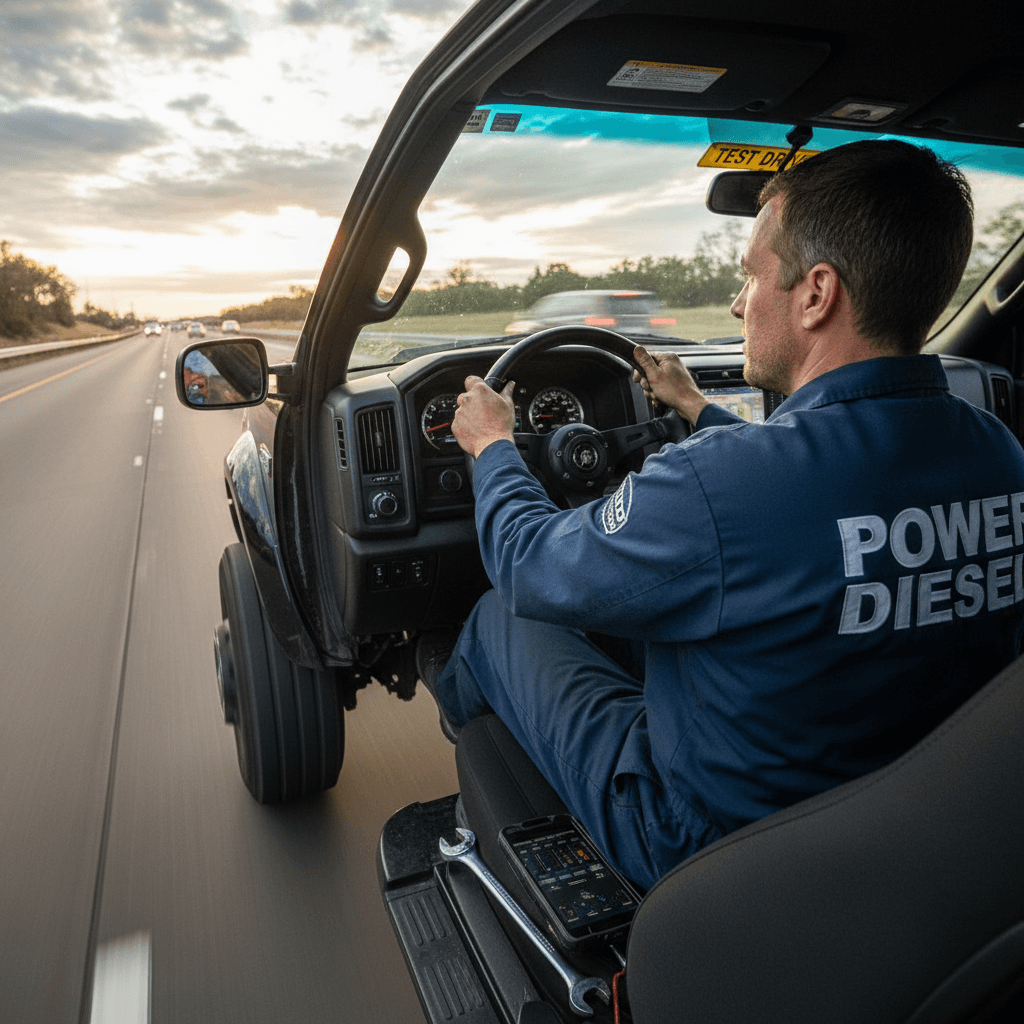 Diesel pickup truck being test driven on a highway with a mechanic at the wheel