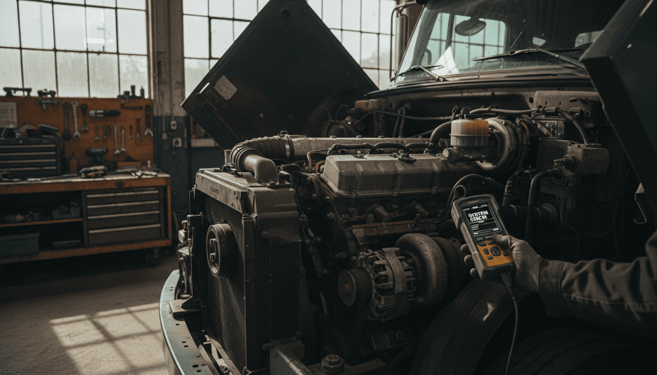 Mechanic plugging a diagnostic scanner into a diesel truck engine in a Pearl River shop