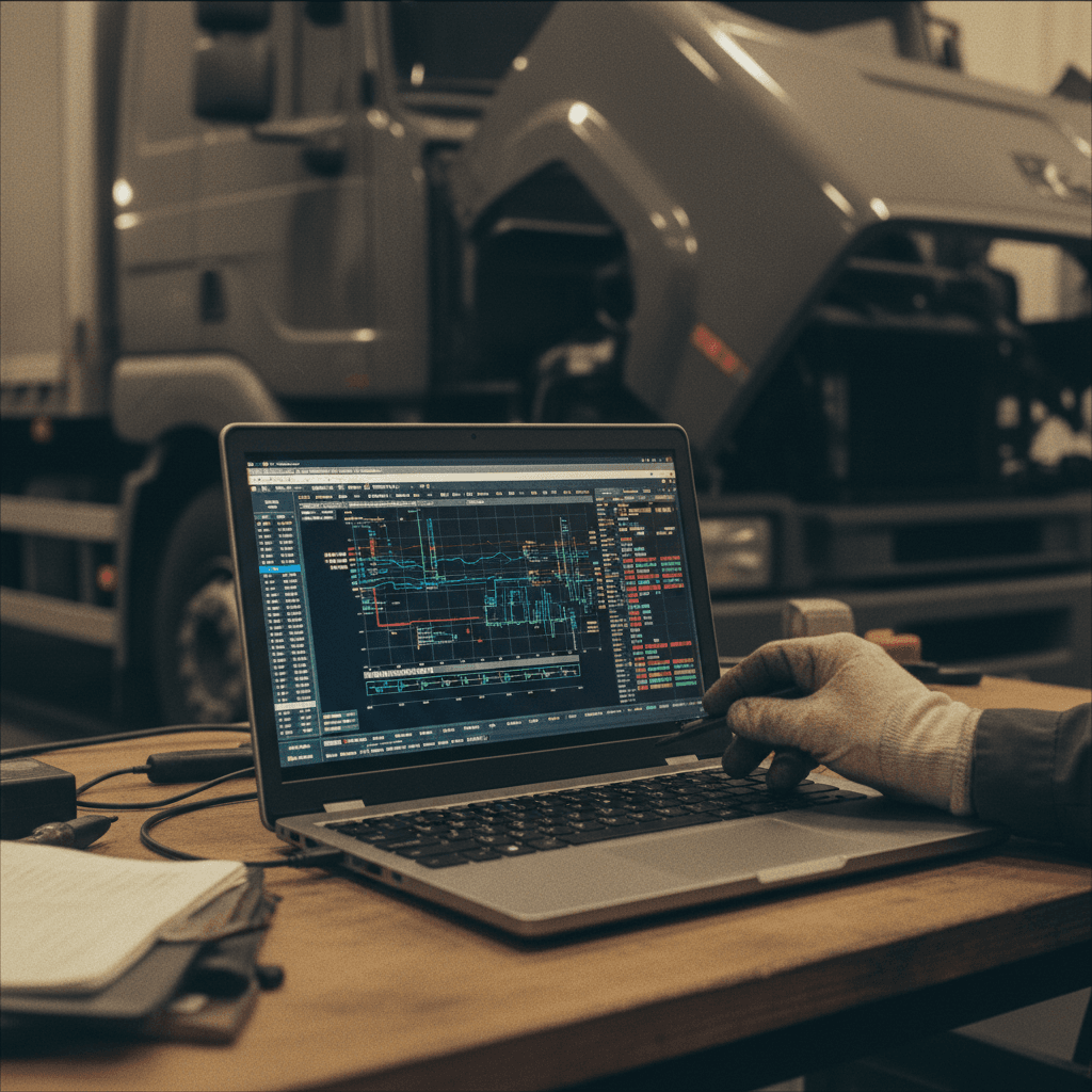 Mechanic adjusting custom diesel tuning parameters on a laptop