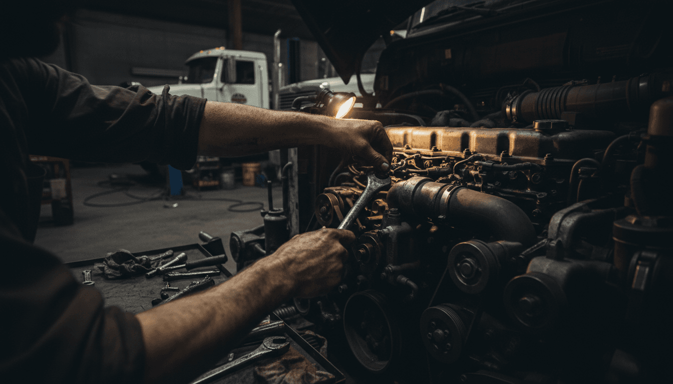 Diesel mechanic inspecting an engine bay in a dark workshop