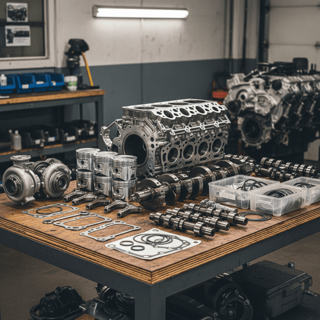 Neatly organized diesel engine rebuild parts on a shop bench