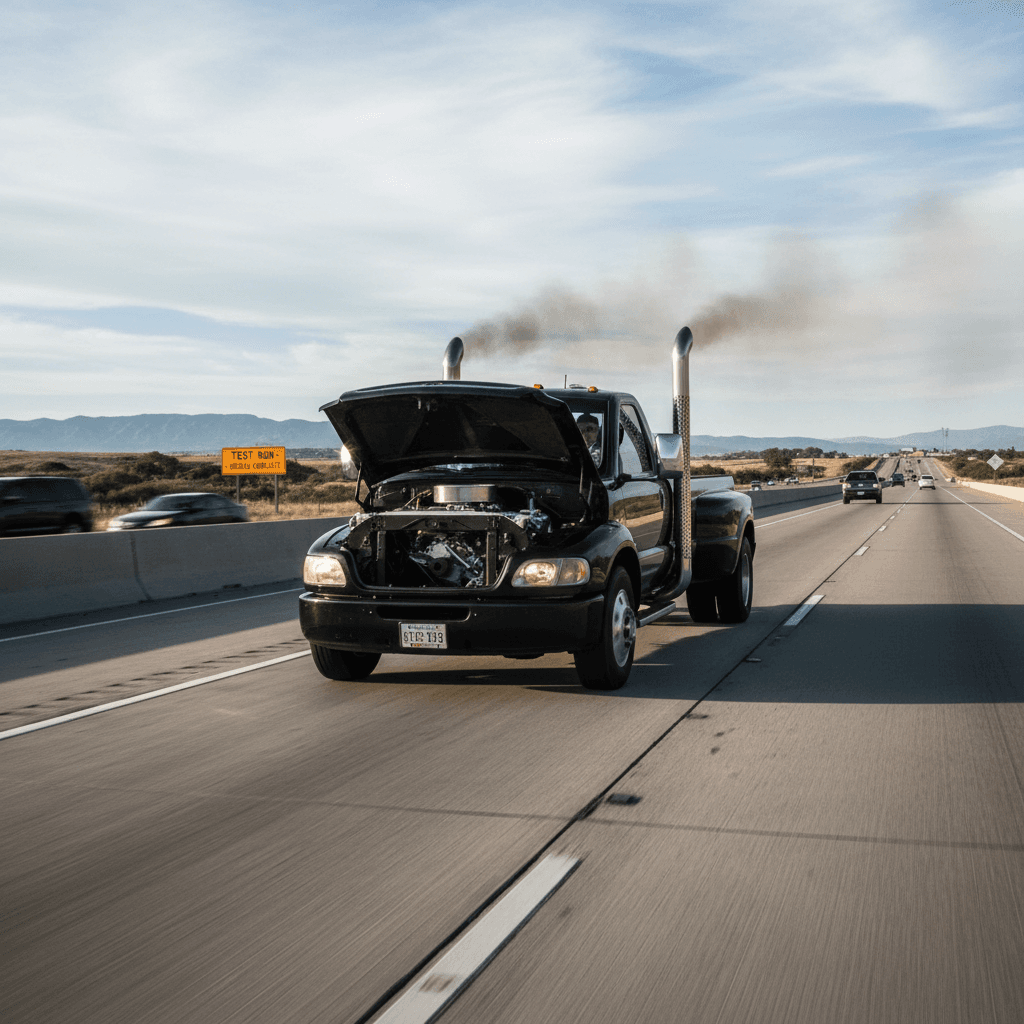 Diesel pickup truck driving on a highway after an engine rebuild