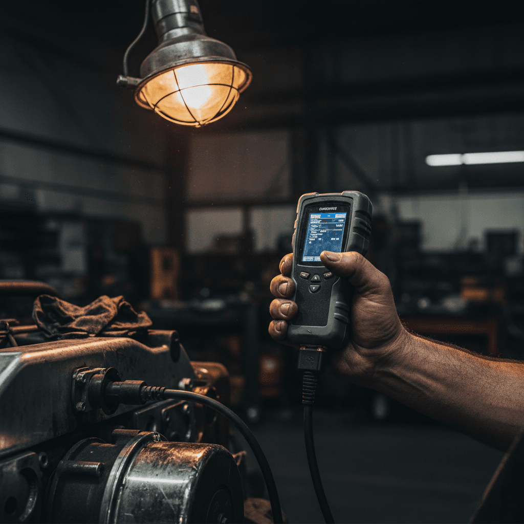 OBD2 scanner plugged into a diesel truck's diagnostic port