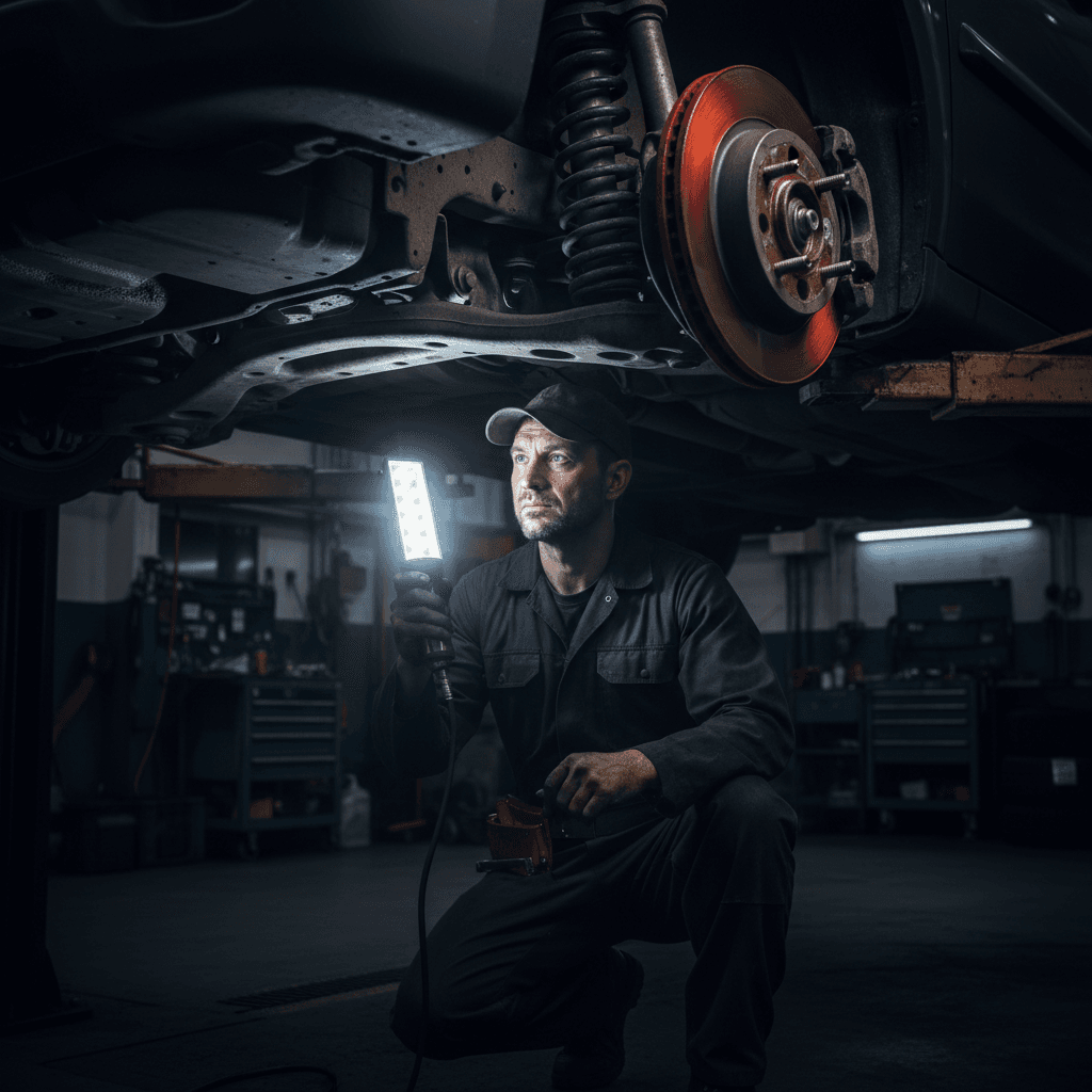 Mechanic inspecting a lifted vehicle's undercarriage with a work light