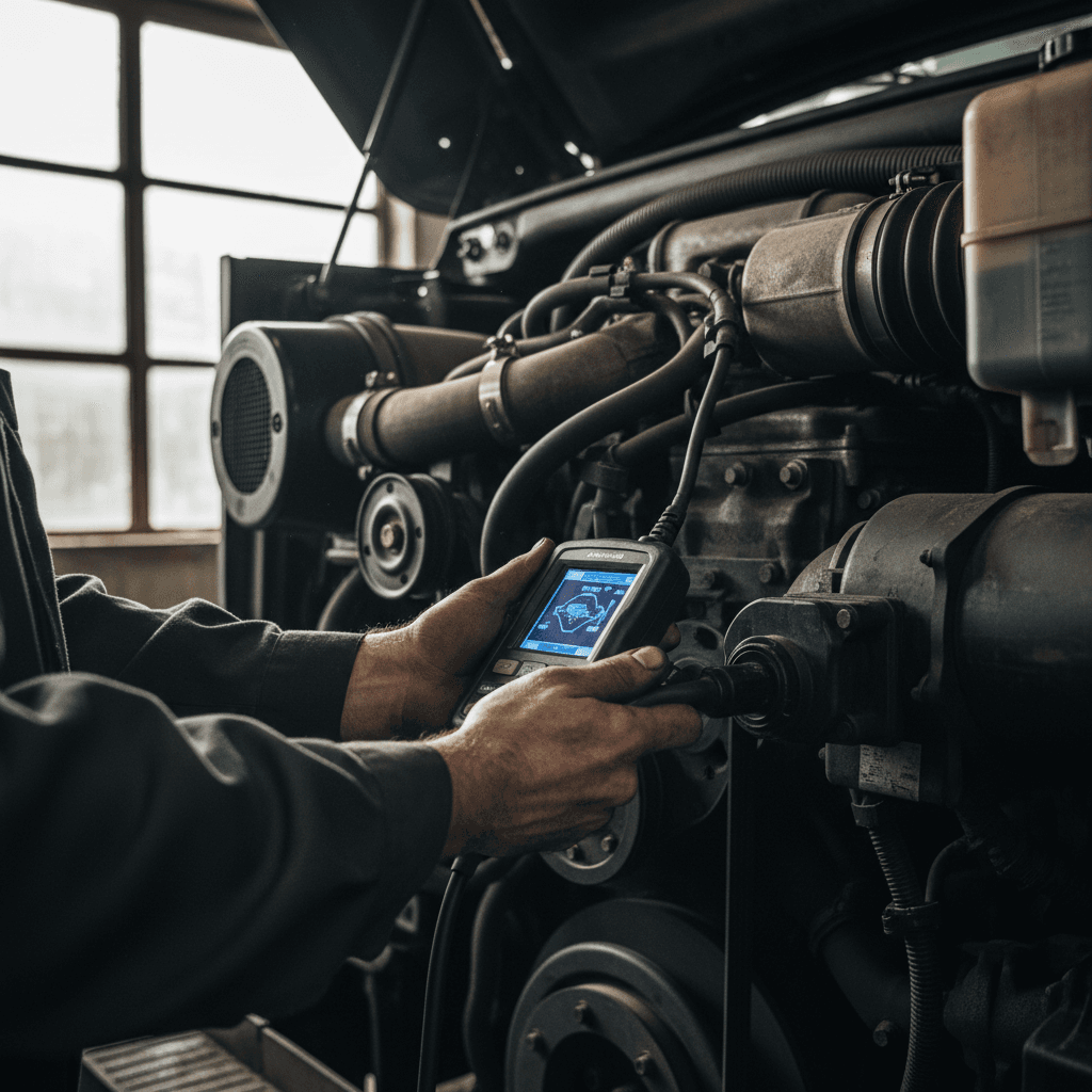 Mechanic connecting diagnostic scanner to a diesel truck's OBD port