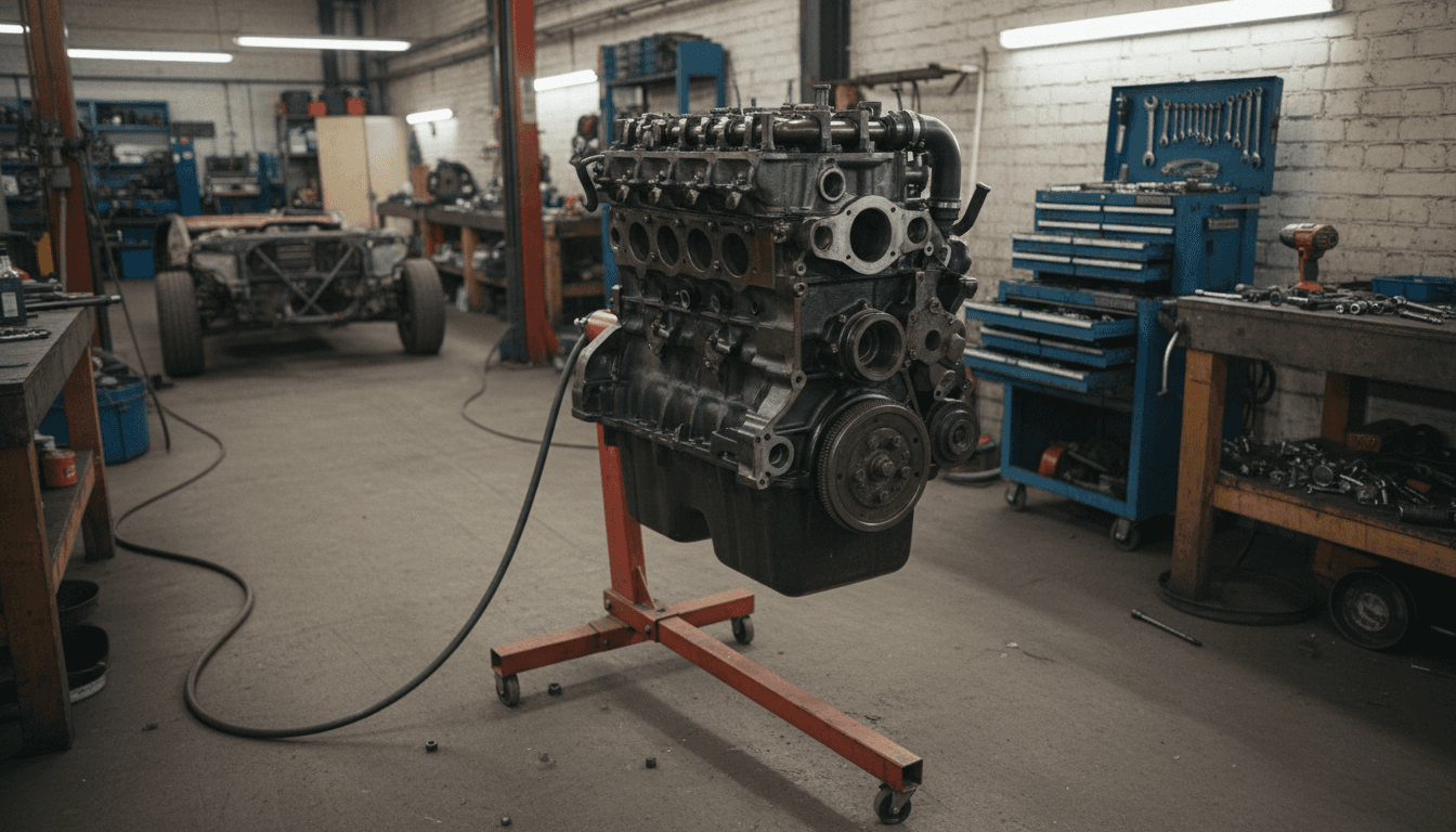 Diesel engine block on a stand in a mechanic shop