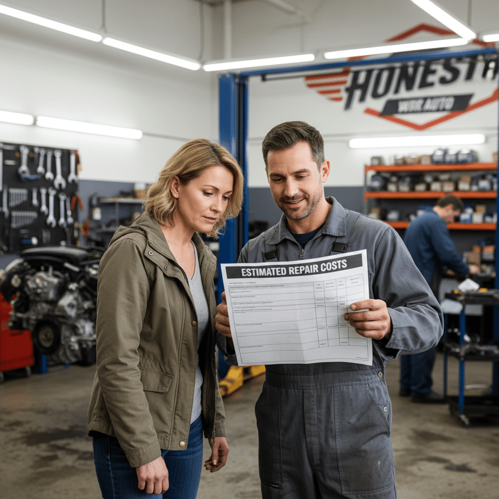 Mechanic showing a customer the repair estimate