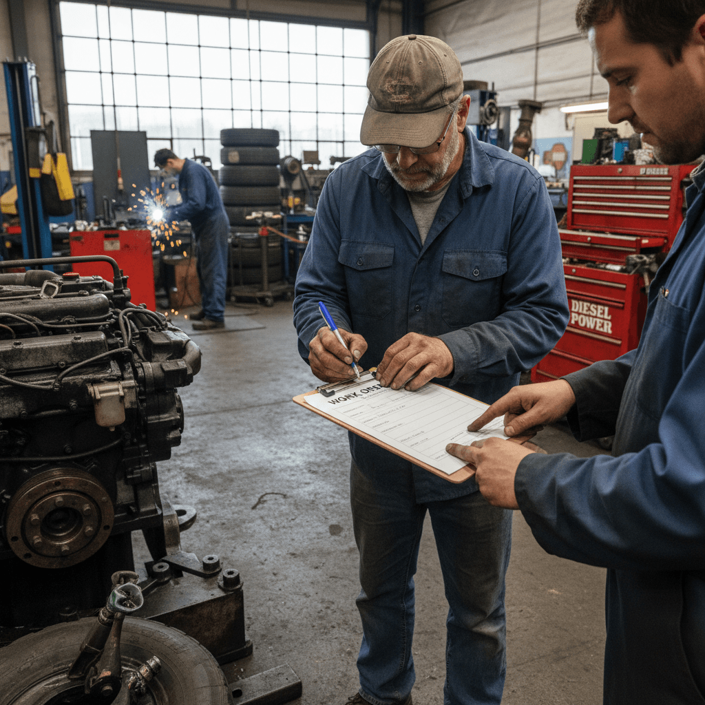 Customer approving a service order in a repair shop