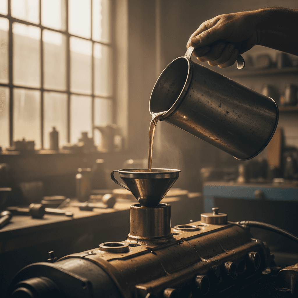 Clean diesel oil pouring into an engine fill port