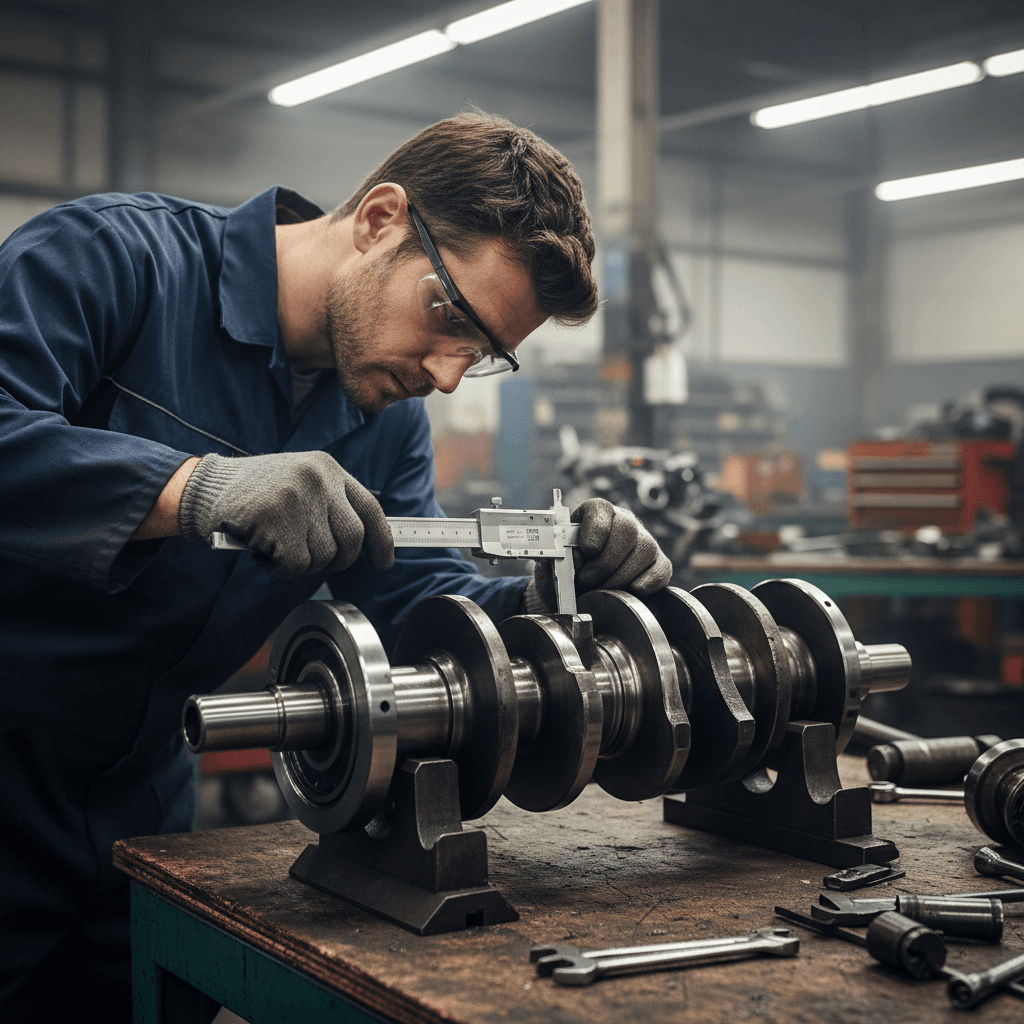 Mechanic inspecting a crankshaft with a micrometer in a workshop