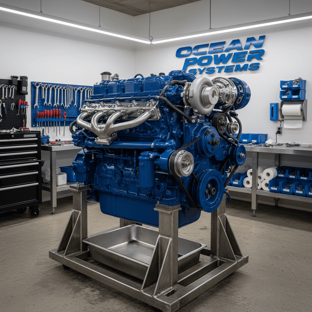 Assembled marine diesel engine on an engine stand in a clean workshop