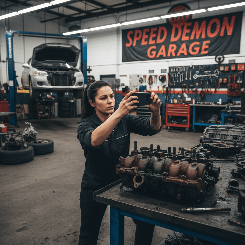Mechanic taking photos of a damaged engine component