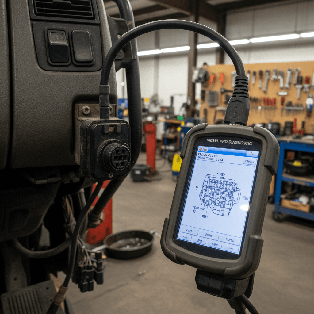 Diagnostic scanner plugged into a diesel truck