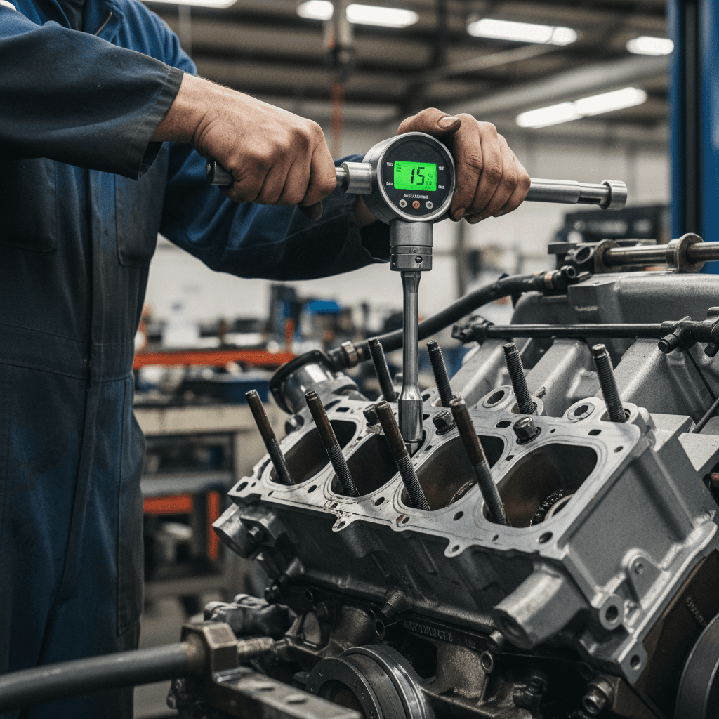 Mechanic torquing engine head bolts with a torque wrench