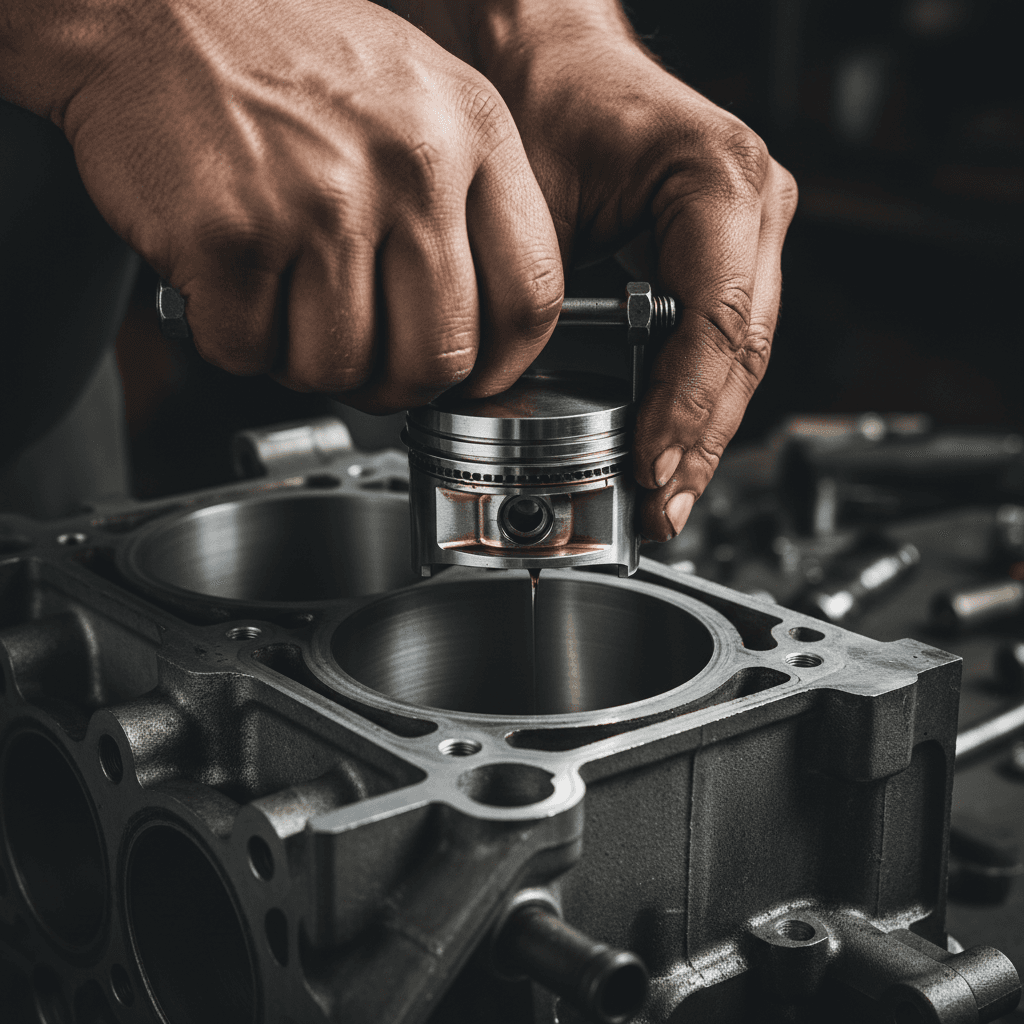 Hands installing a piston into an engine block