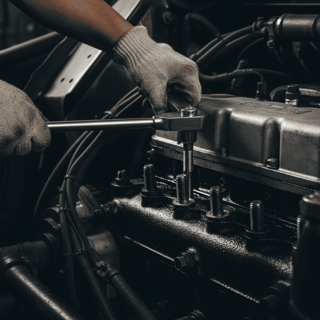 Mechanic torquing head studs on a diesel engine