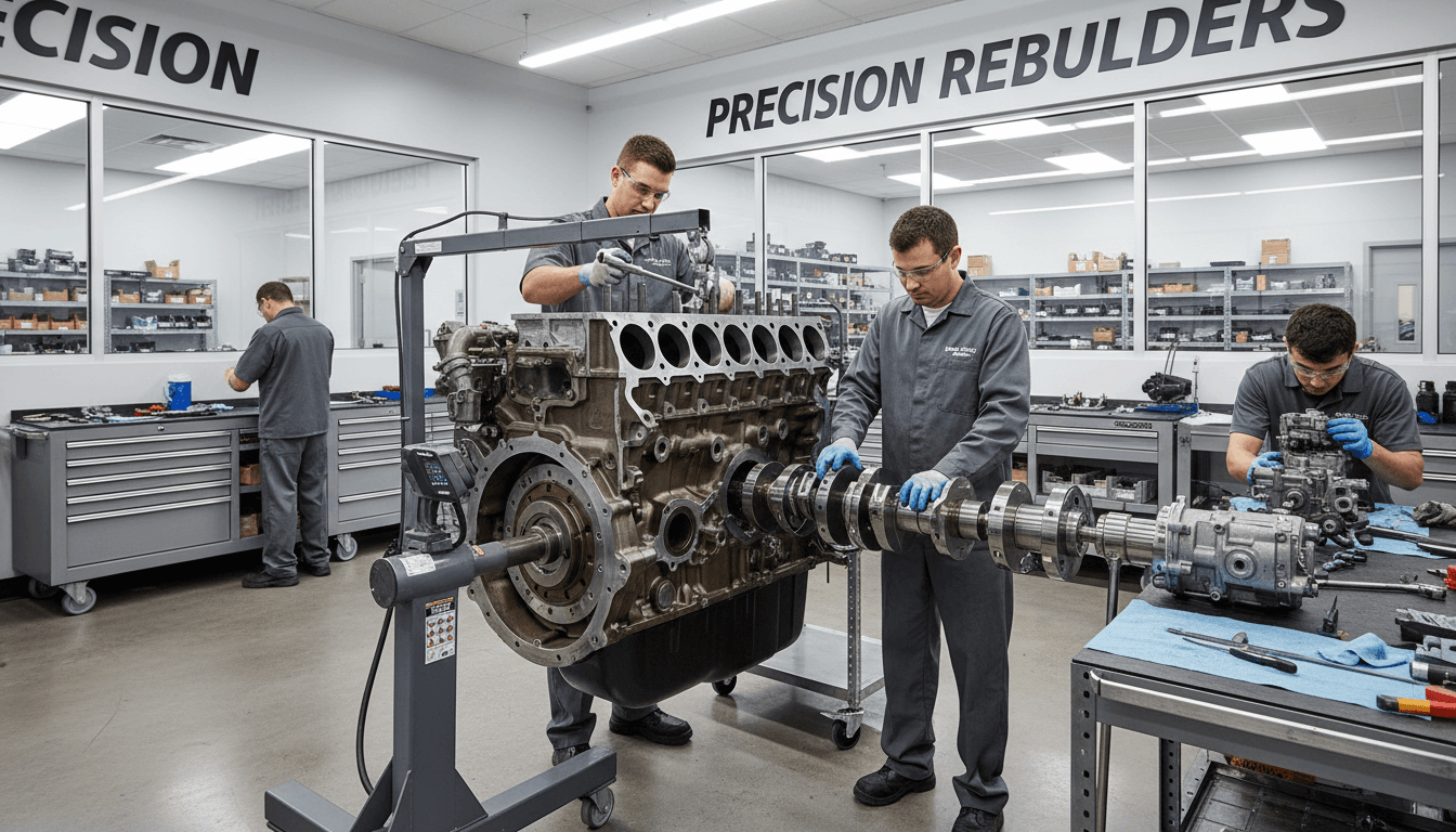 Diesel engine rebuild in progress at a professional mechanic shop