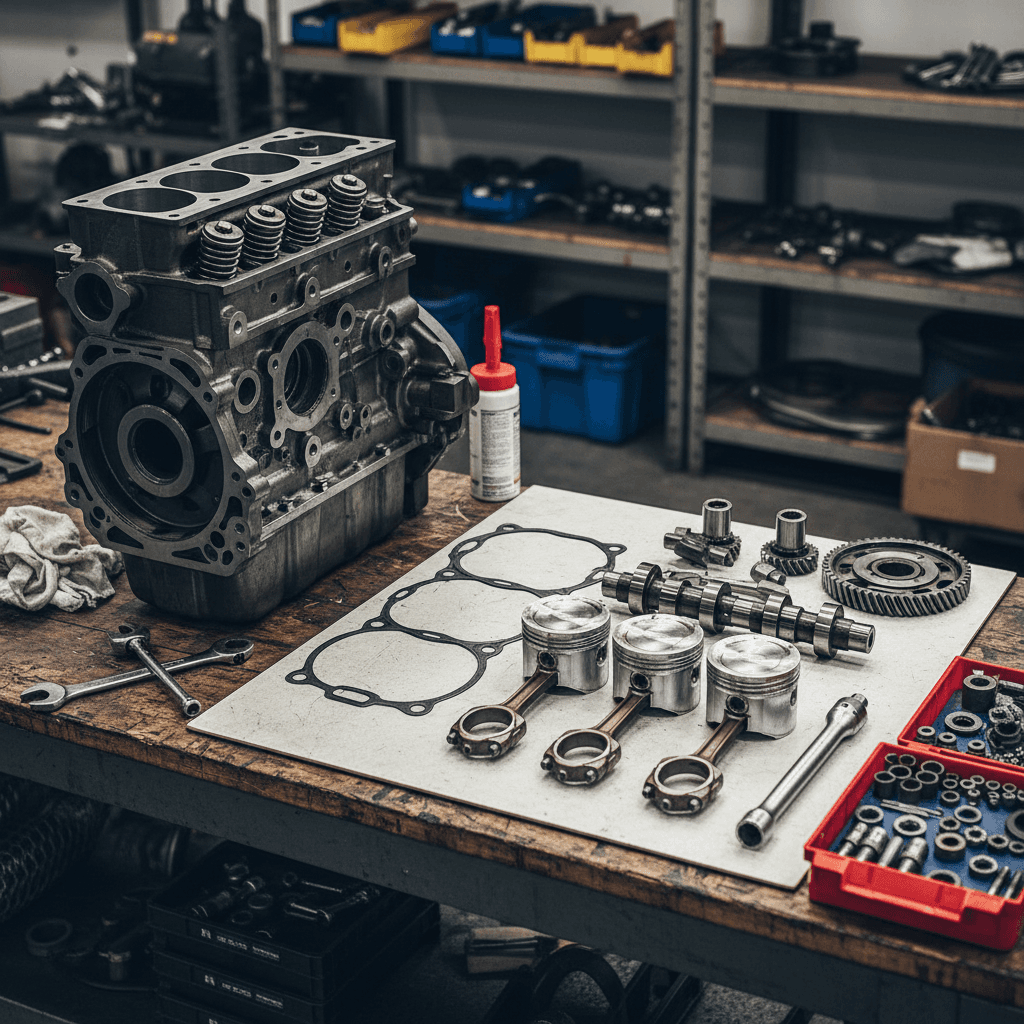 Disassembled diesel engine on a shop workbench