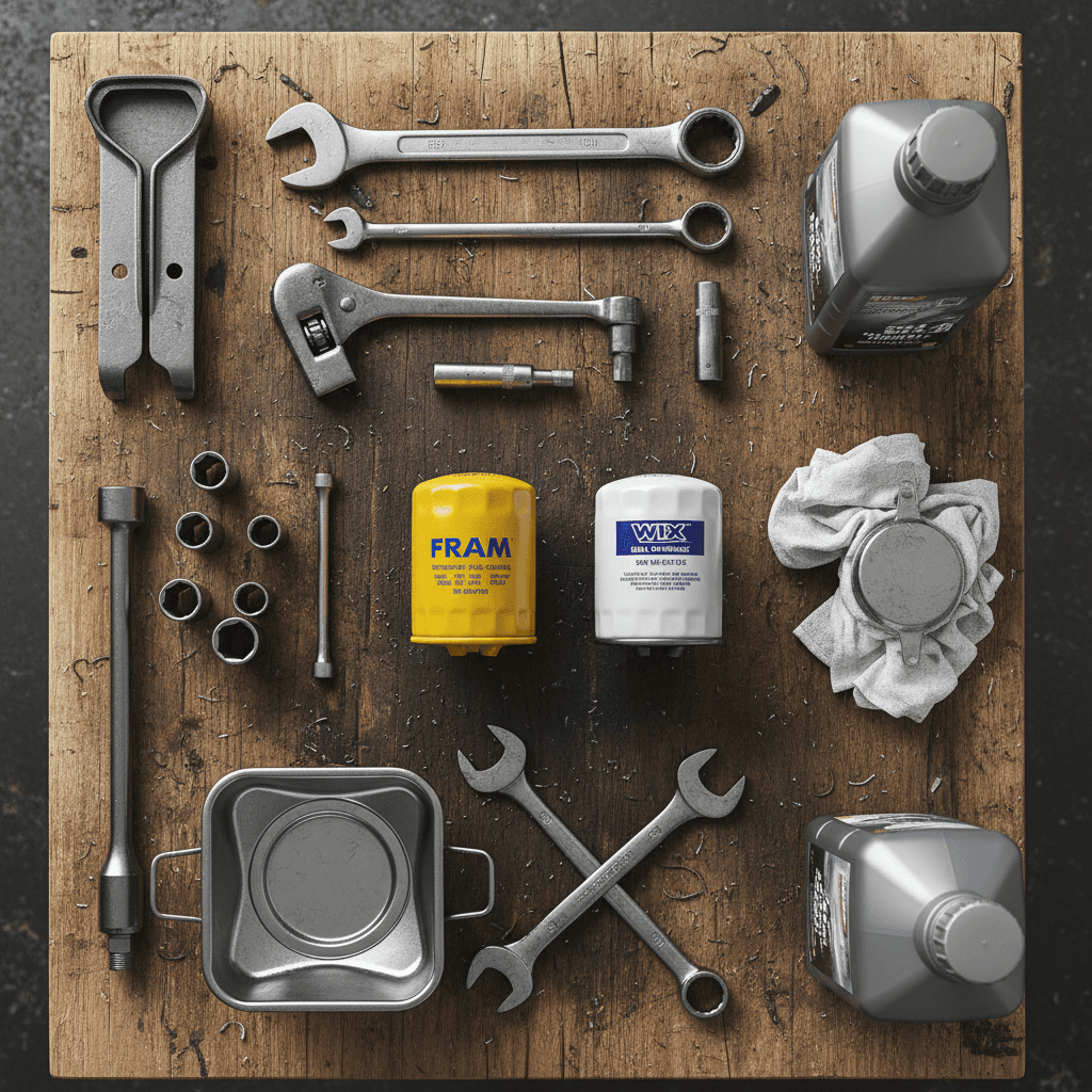 Oil change tools and filters on a workbench