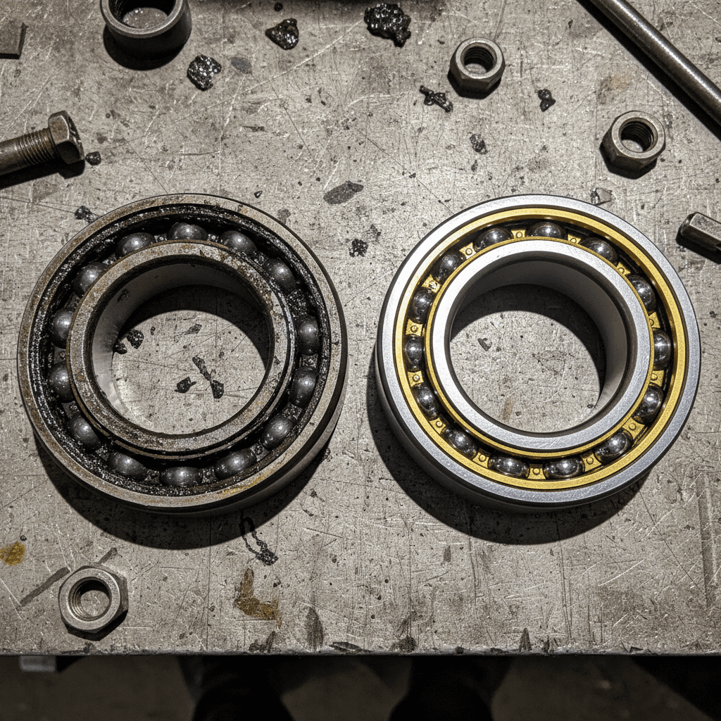 Worn bearing compared to a new one on a metal bench