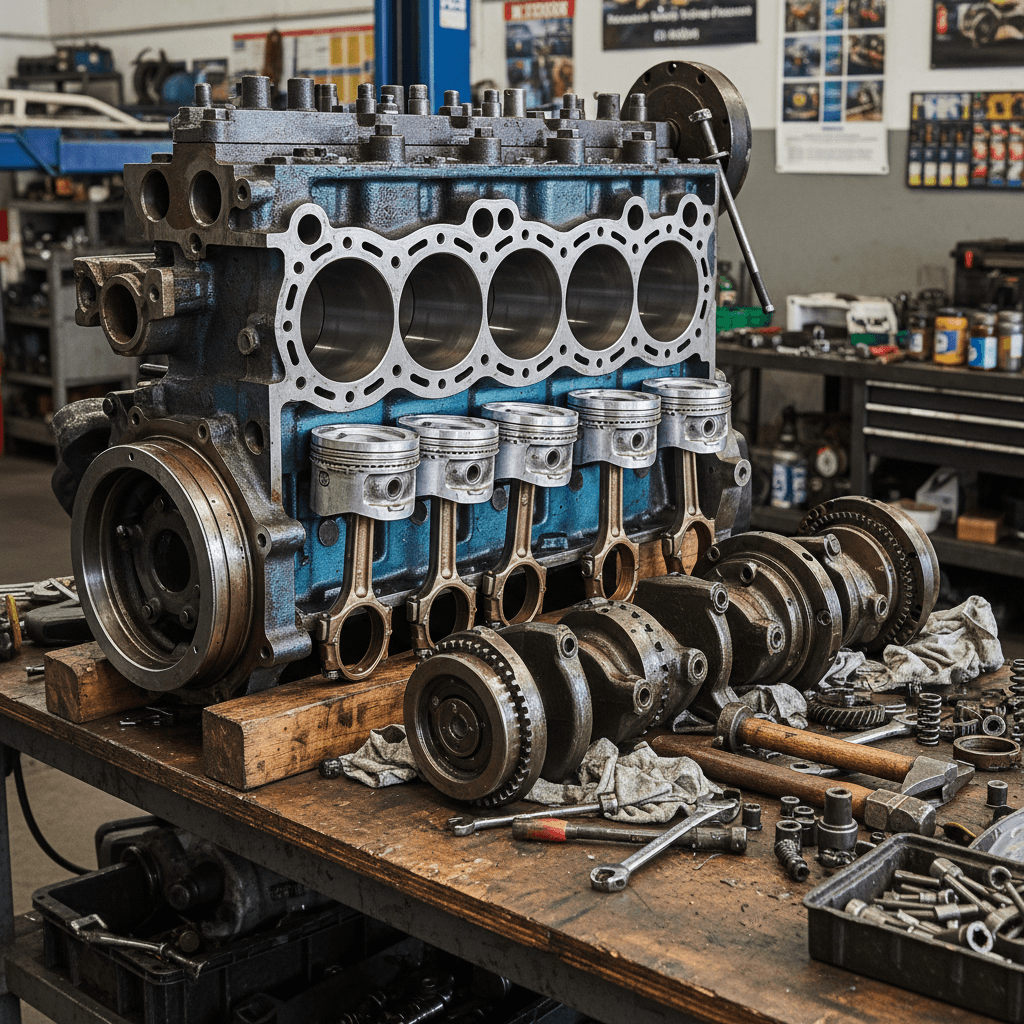 Disassembled diesel engine block with pistons laid out on a shop workbench
