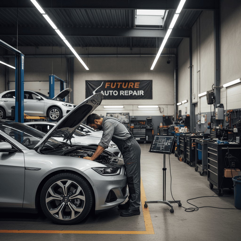Mechanic checking under the hood of a car