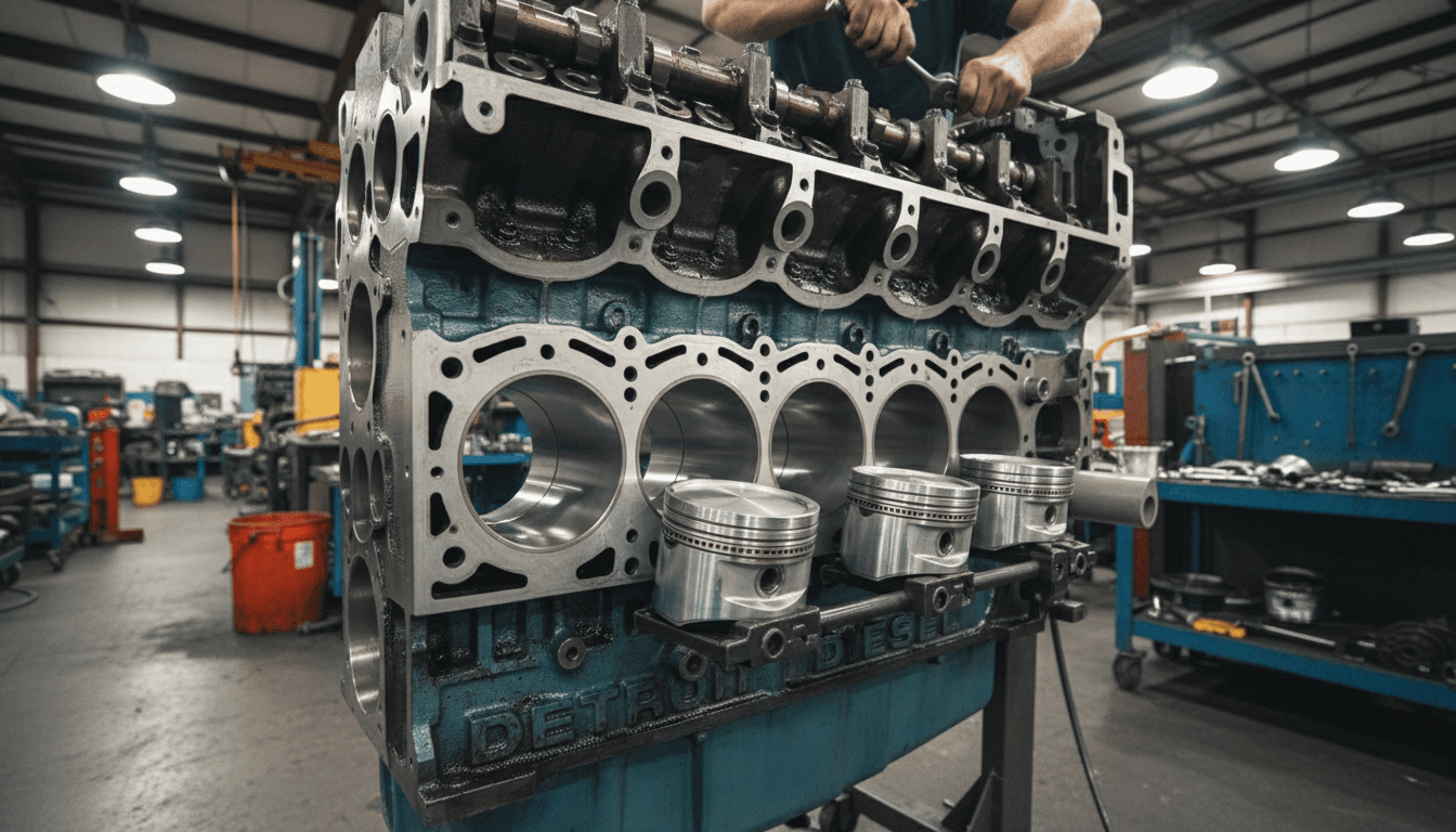 Detroit Diesel engine block during rebuild in a professional mechanic shop