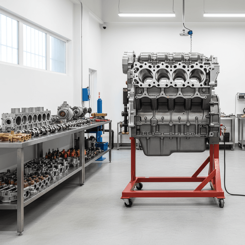 Diesel engine block on an engine stand with components on a workbench