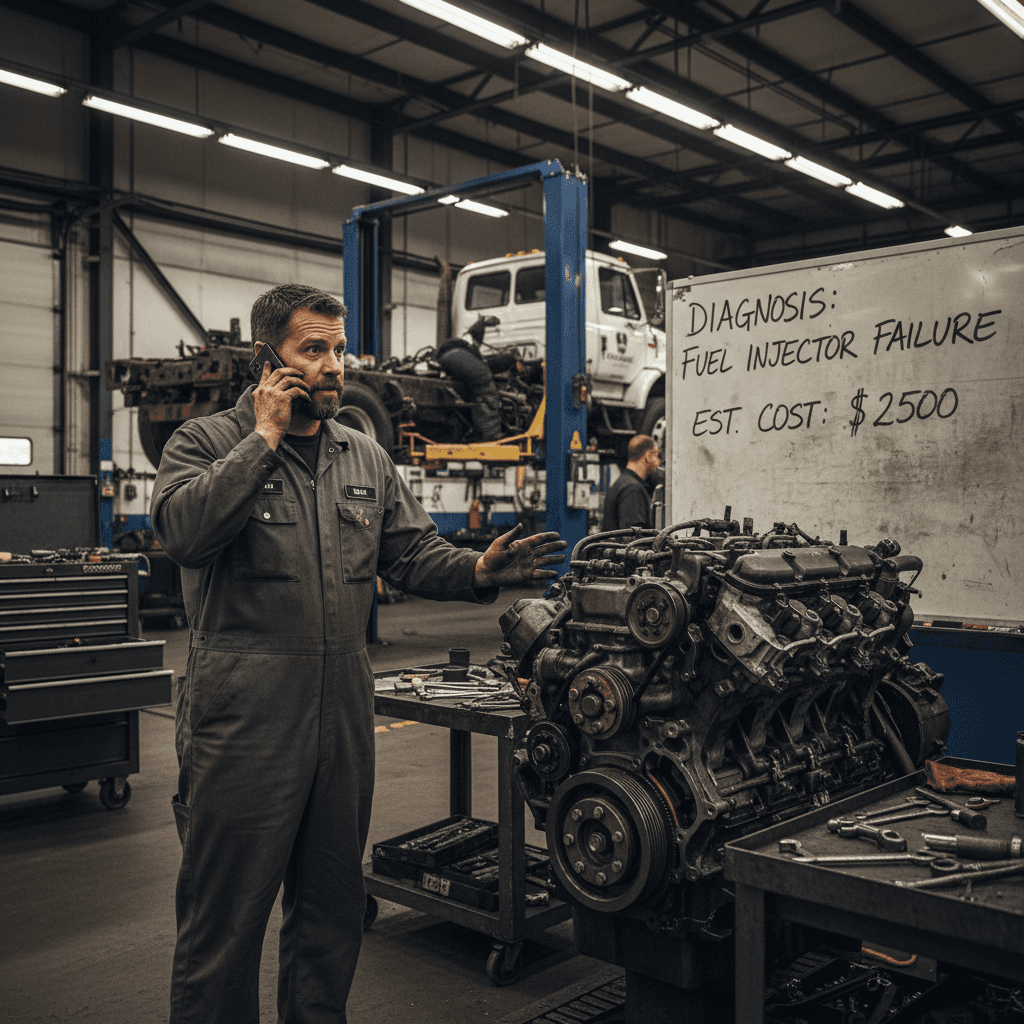 Diesel mechanic on the phone in a repair shop explaining a diagnosis to a customer