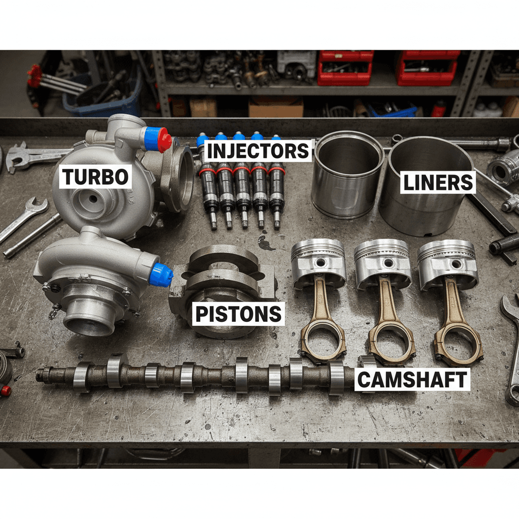 Replacement diesel parts arranged on a workbench