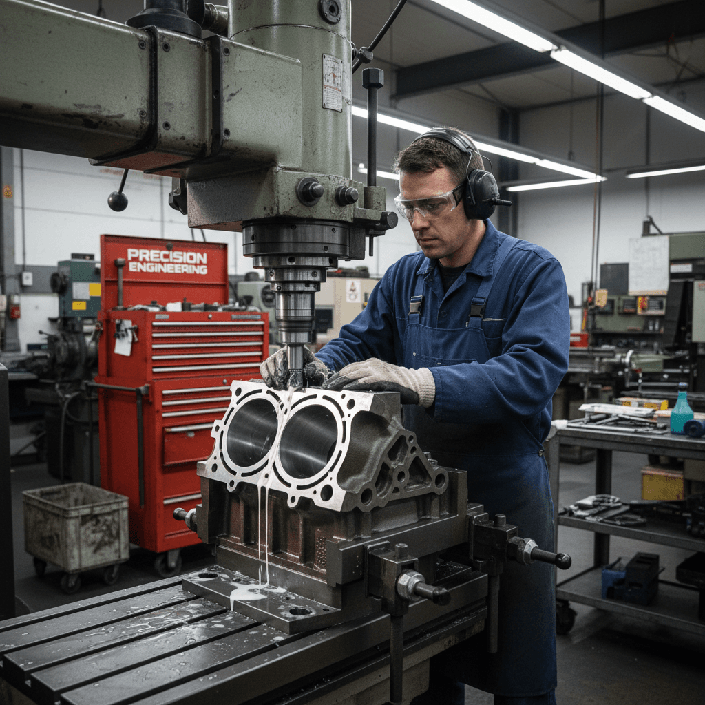 Machinist using a precision boring bar on an engine block in a machine shop