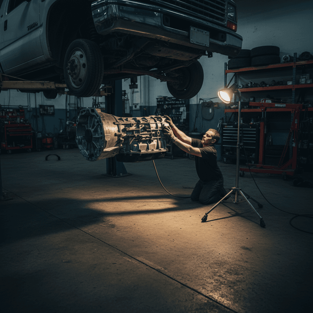 Heavy-duty transmission being installed under a lifted diesel truck