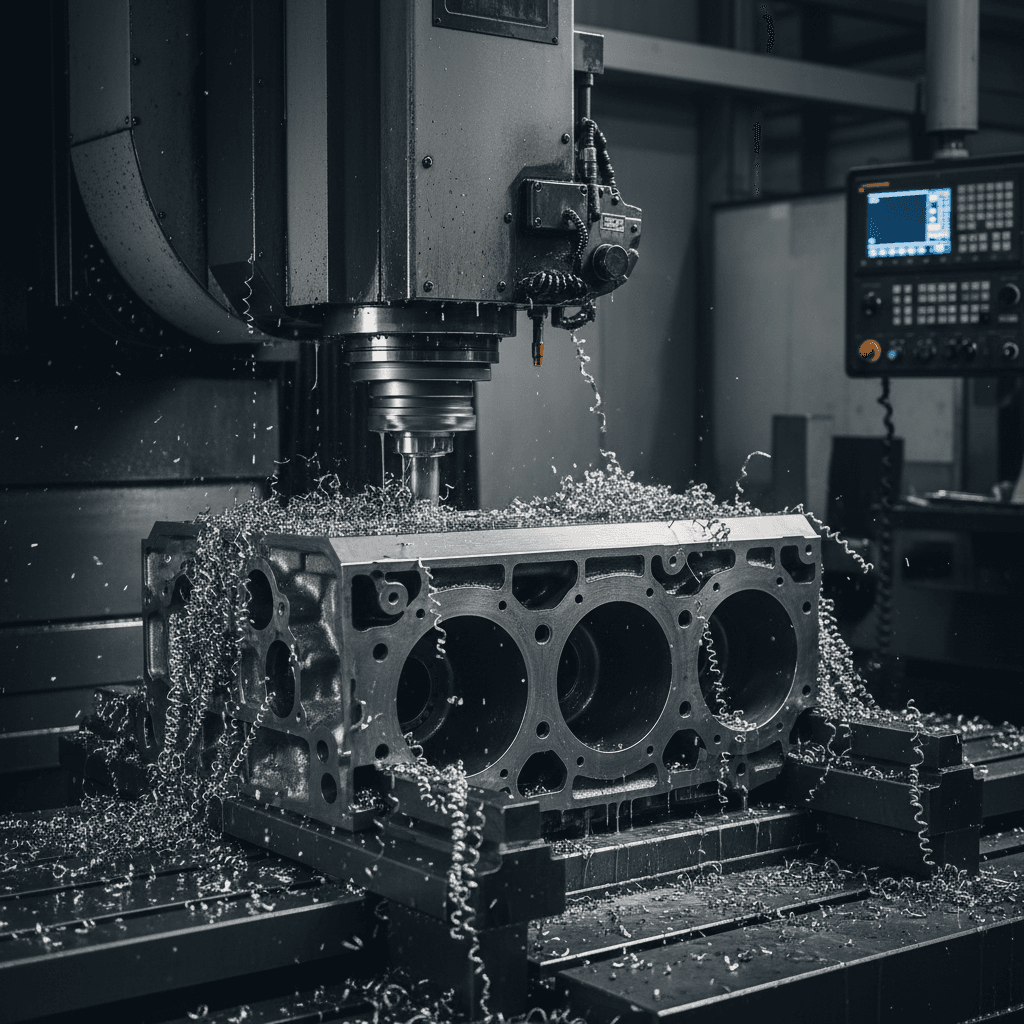 Engine block on an industrial milling machine during precision machining