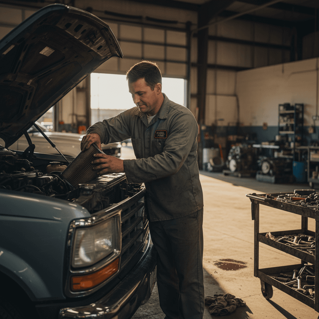 Mechanic replacing an air filter on a diesel pickup truck
