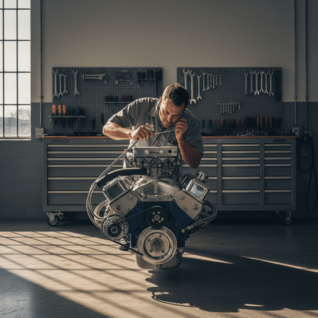 Mechanic inspecting a gas engine in a repair shop