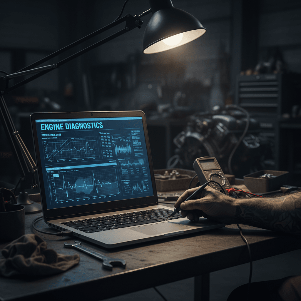 Diagnostic laptop showing dense engine data in a workshop