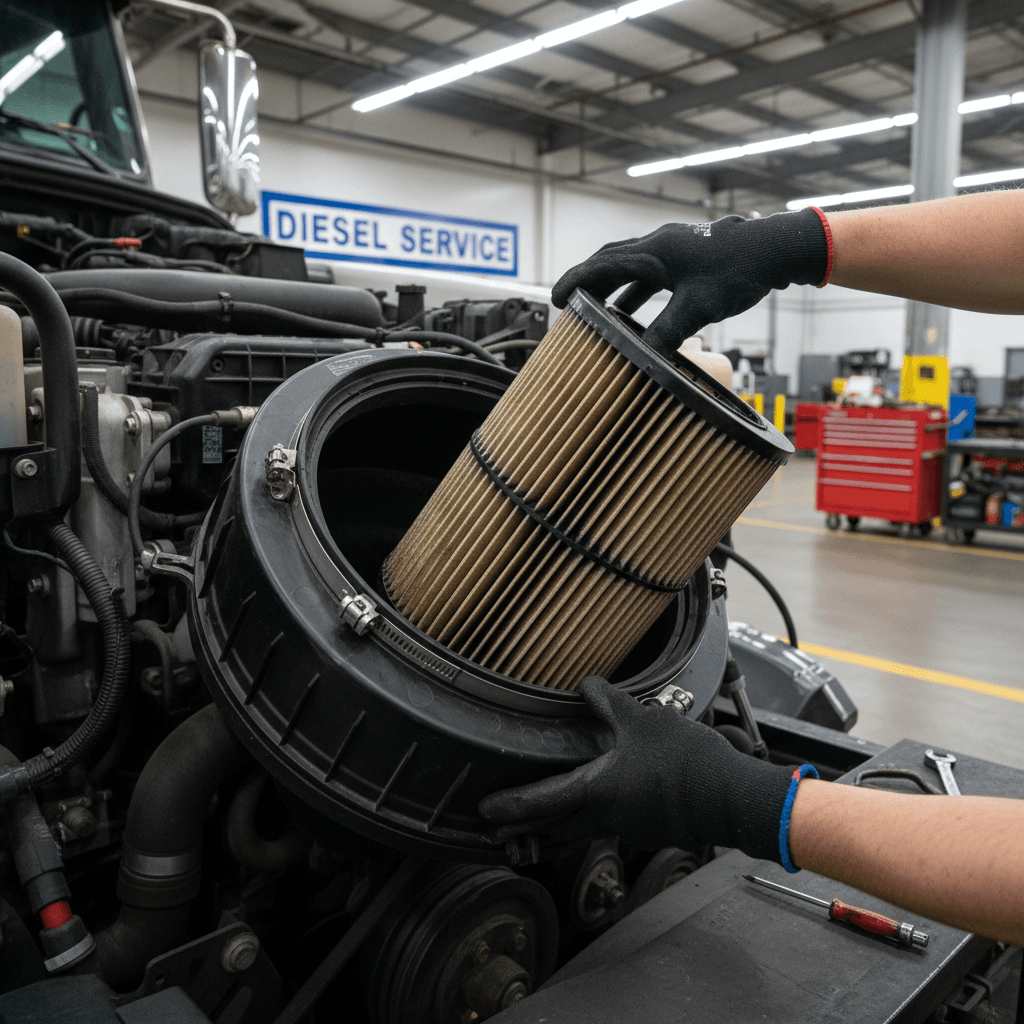 Mechanic replacing an engine air filter