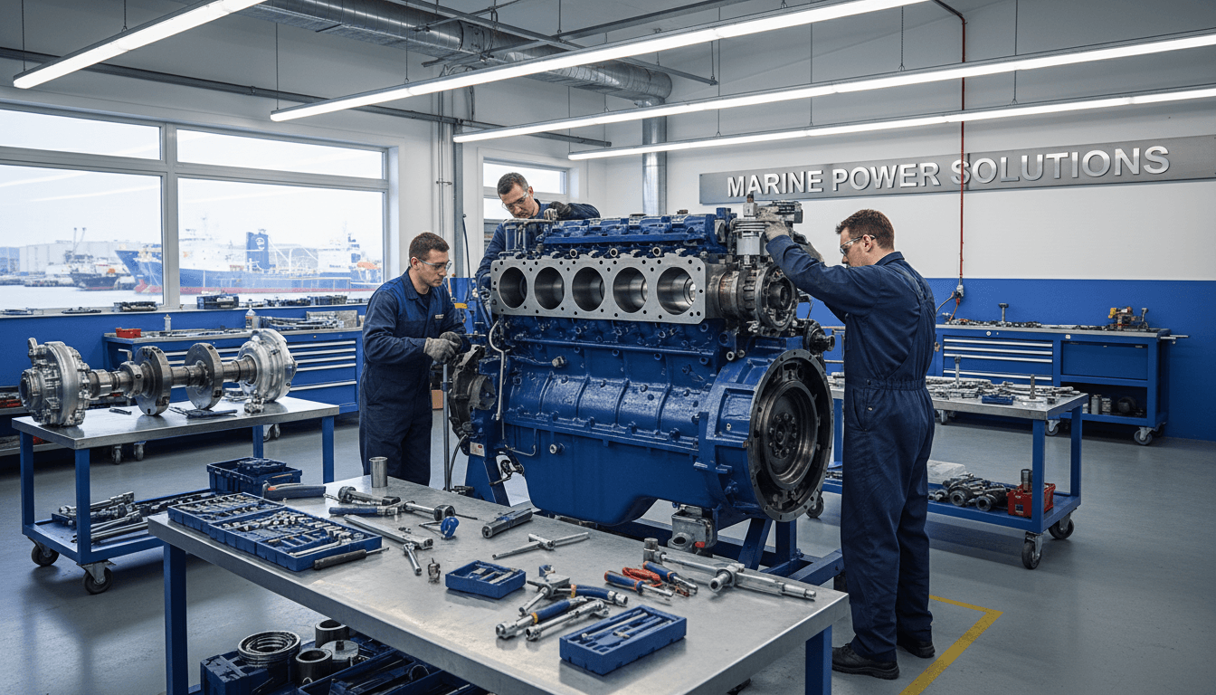 Marine diesel engine on a stand in a clean workshop being rebuilt with precision tools