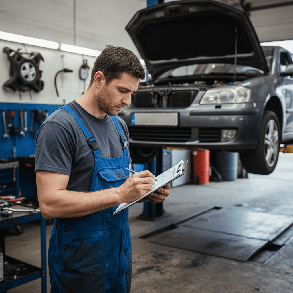 Service write-up sheet with labor details in a shop
