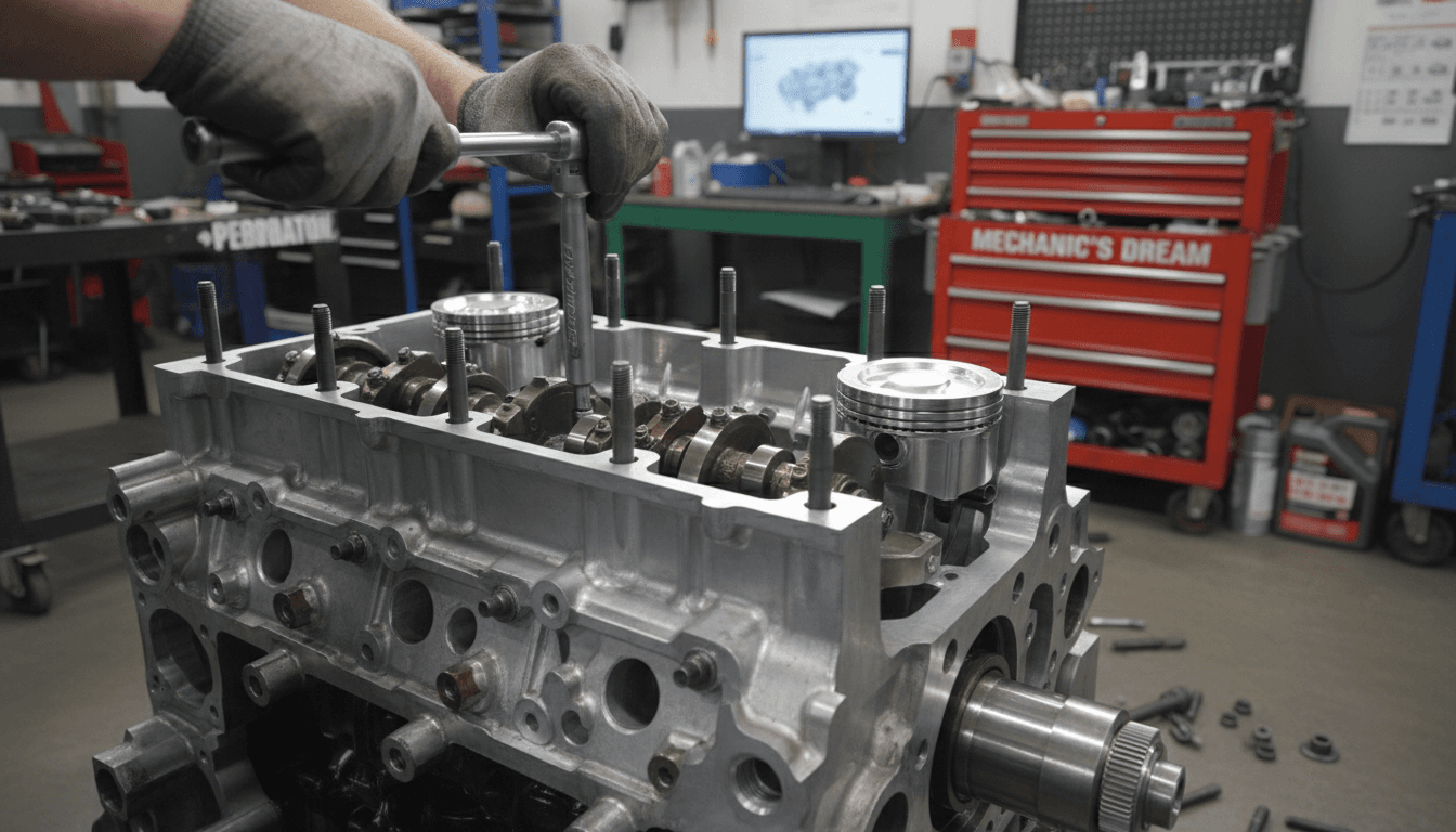 Close-up of a diesel engine block being assembled with a torque wrench in a professional auto shop
