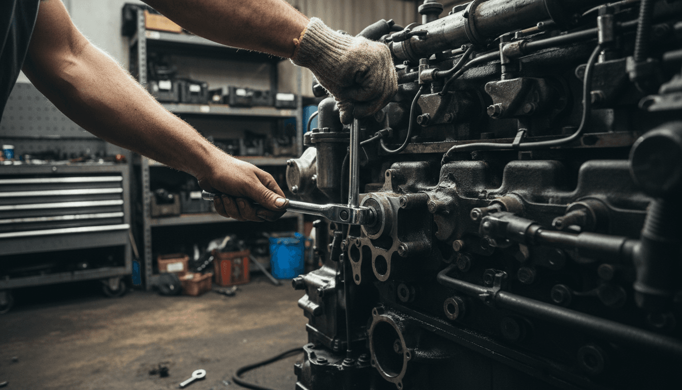 Diesel mechanic working on a truck engine in a workshop