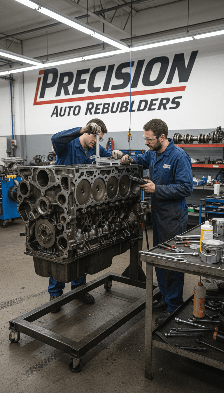Diesel engine block being measured during a rebuild
