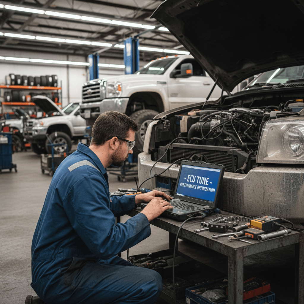 Mechanic tuning a diesel truck with a laptop