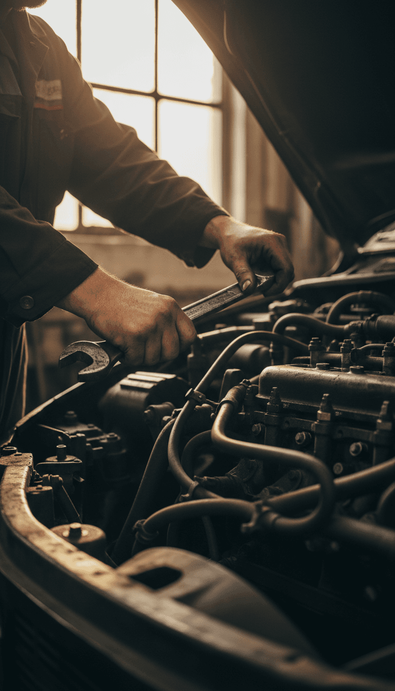 Mechanic tightening a bolt on a diesel engine in the shop