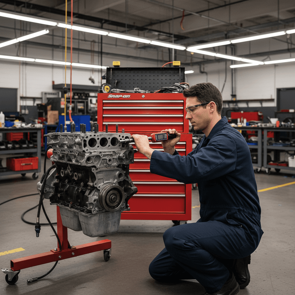 Mechanic using a torque wrench on engine head bolts in a professional garage