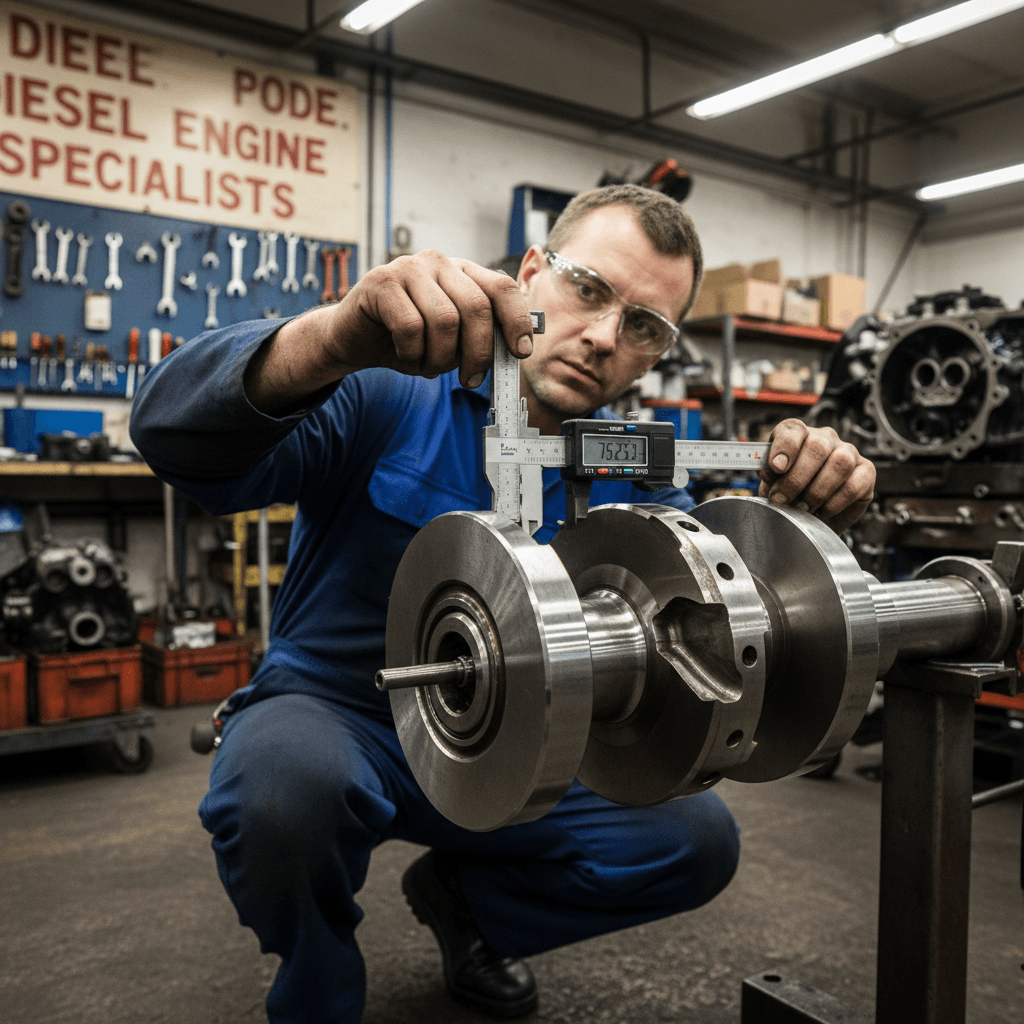Gloved hand using a micrometer to measure a crankshaft journal