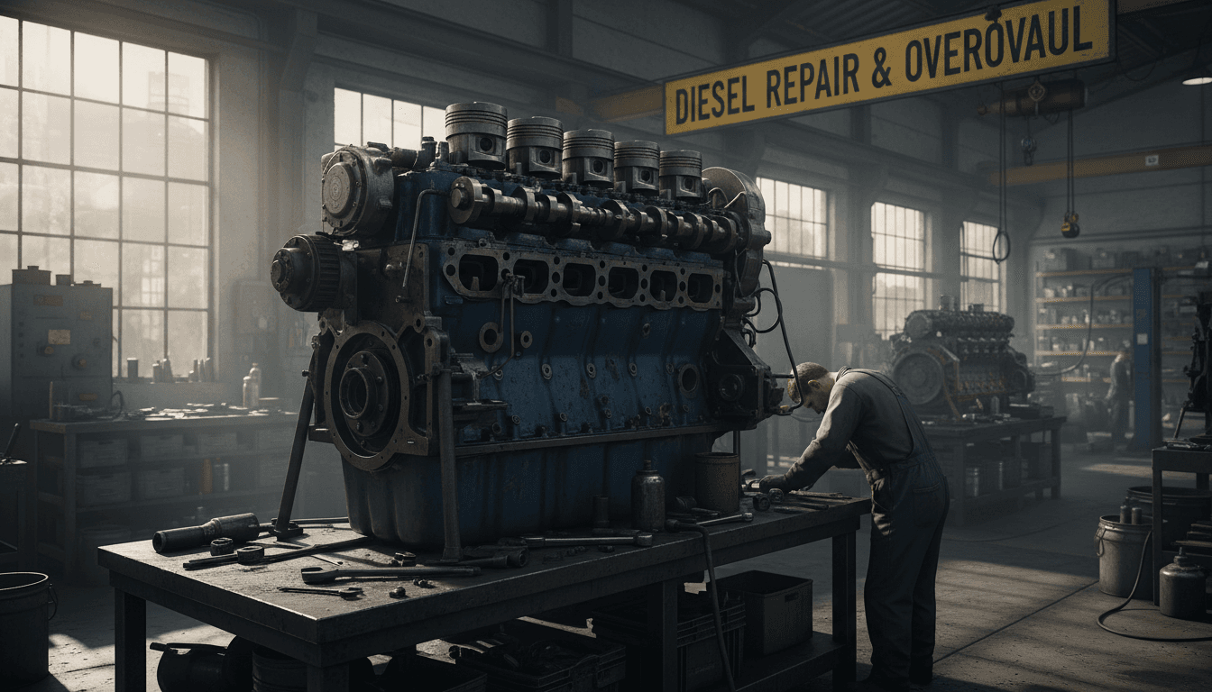 Diesel engine block being assembled in a repair shop