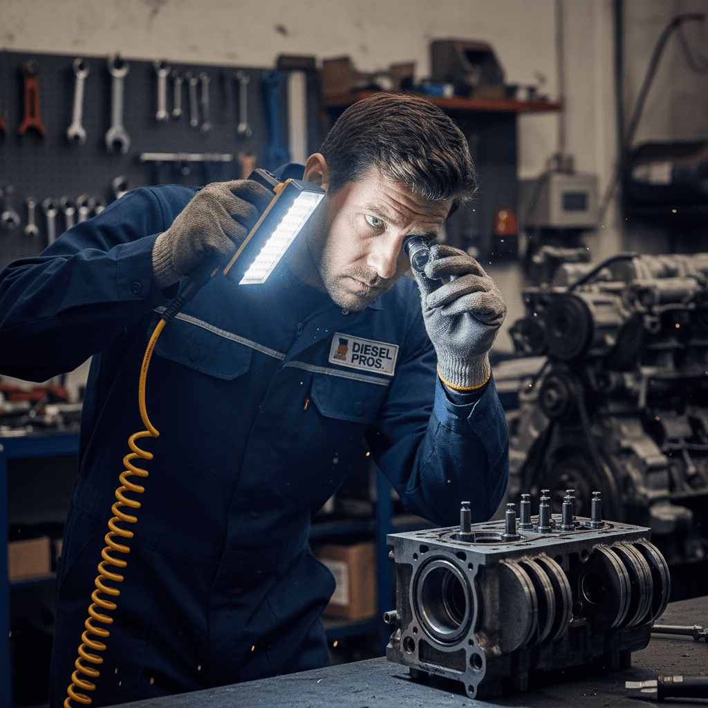 Diesel mechanic closely inspecting an engine part under a work light
