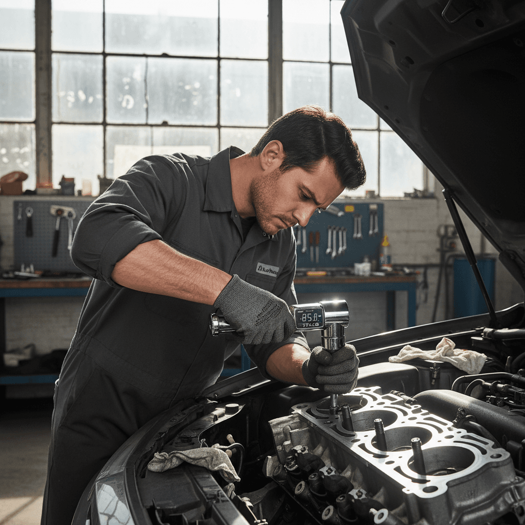 Mechanic torquing an engine bolt with a digital wrench